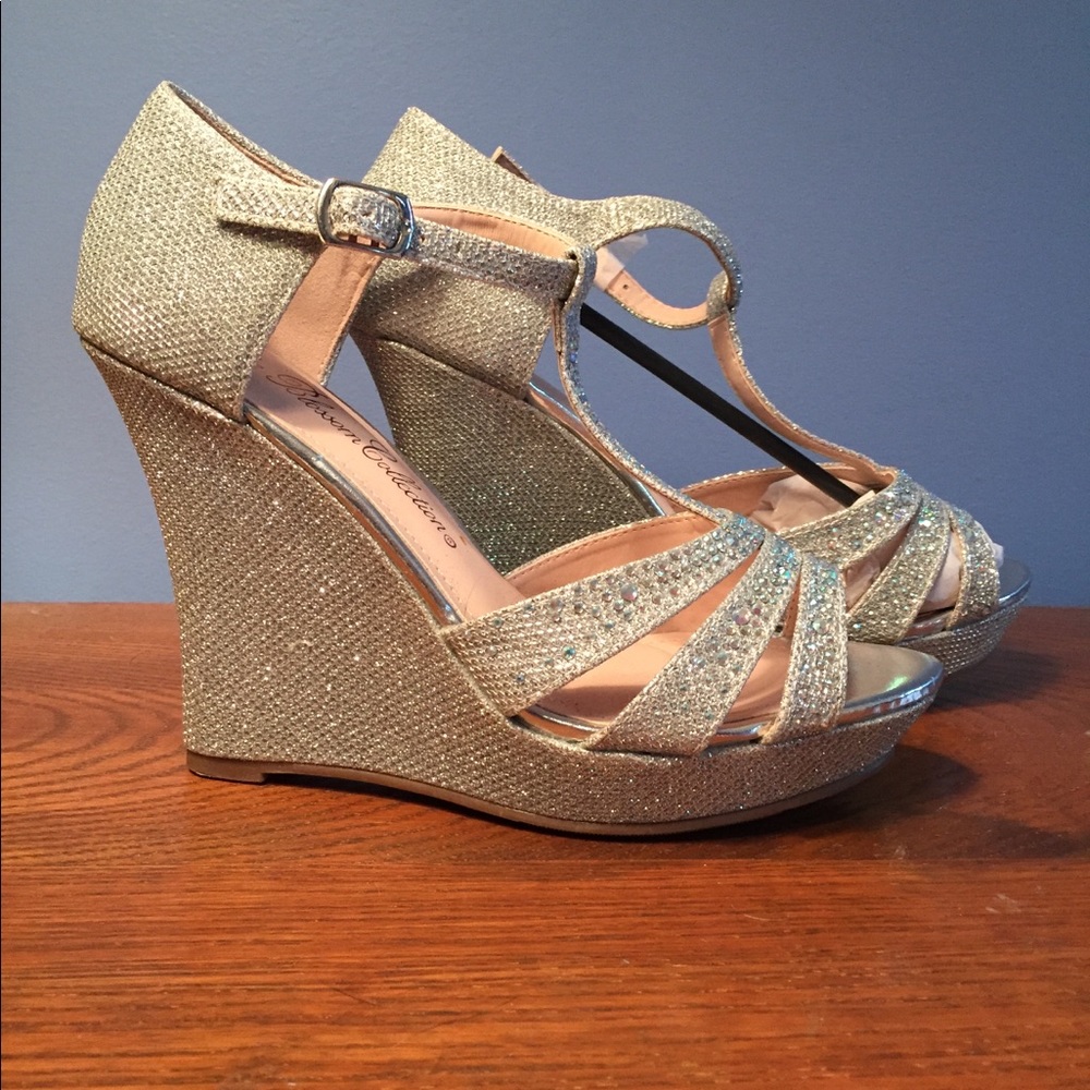 Silver wedge bridal prom sandals. Narrow fit.